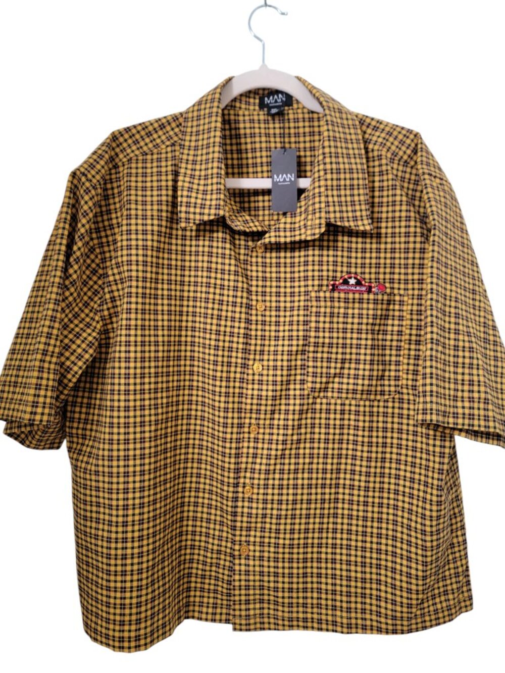 BoohooMAN Size 3XL Checkered Oversized Boxy Half Sleeve Embroidery Shirt, NEW